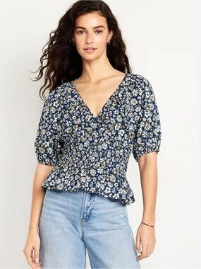 Old Navy Floral V-Neck Smocked Peplum Top - Navy